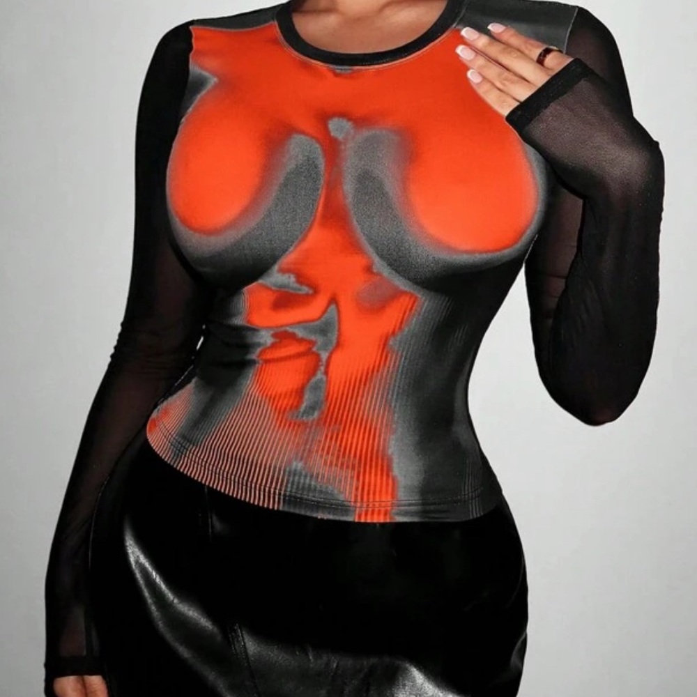 SHEIN Black and Red Graphic Long Sleeve Bodysuit